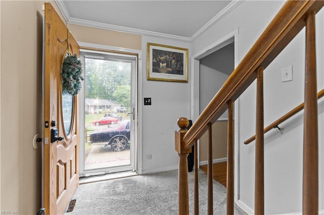 carpeted foyer entrance featuring crown molding