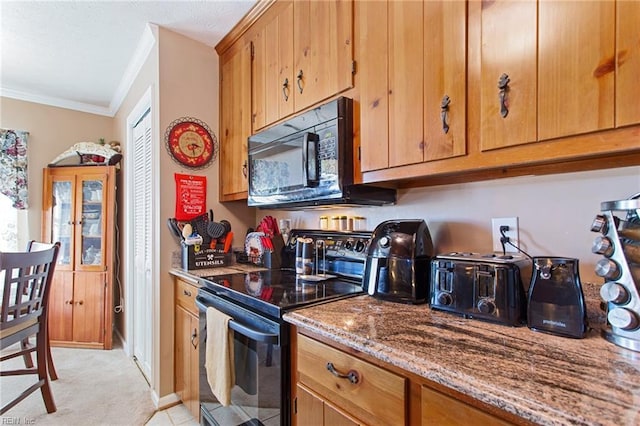 kitchen featuring light carpet, ornamental molding, black appliances, and light stone countertops