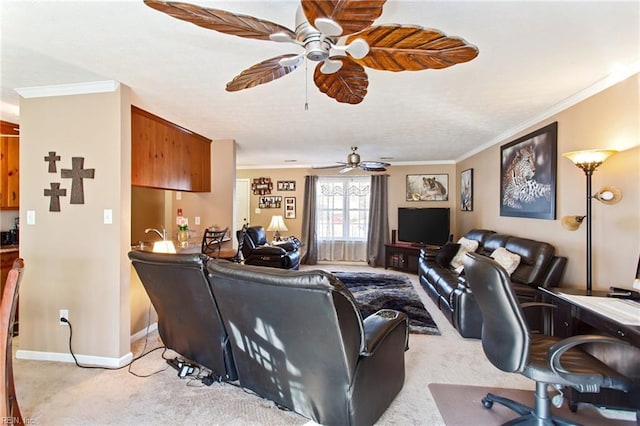 living room featuring ornamental molding and light carpet