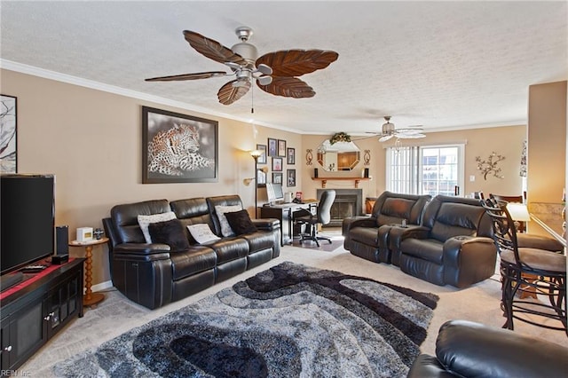 living room featuring a textured ceiling, crown molding, and light carpet