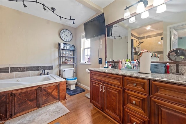 full bathroom with toilet, plus walk in shower, hardwood / wood-style floors, and vanity