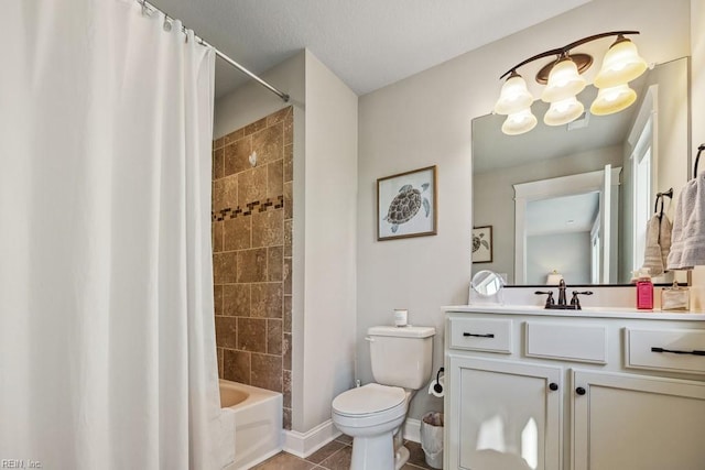 full bathroom featuring toilet, shower / bathtub combination with curtain, tile patterned floors, and vanity