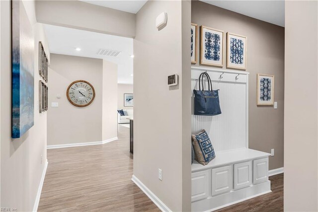 mudroom with wood-type flooring