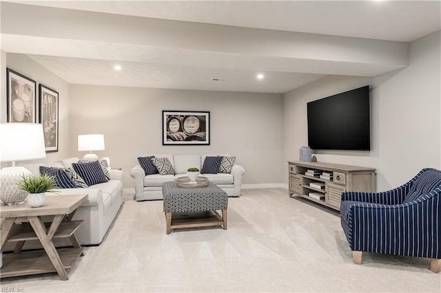 living room featuring light colored carpet