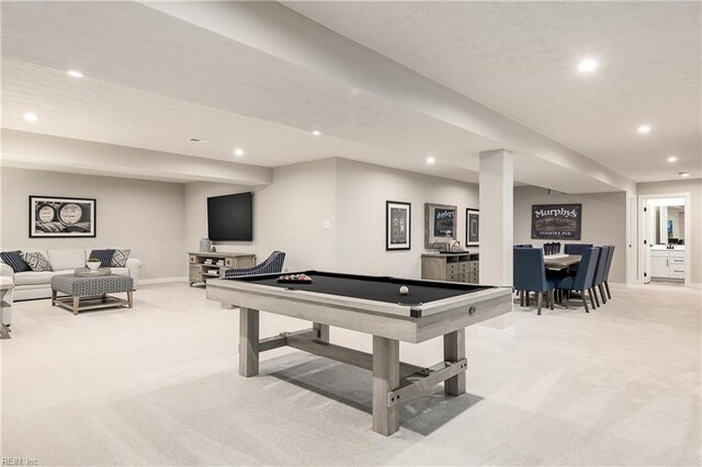 playroom featuring pool table and light colored carpet