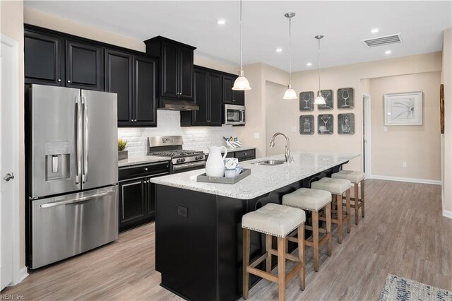 kitchen with a center island with sink, stainless steel appliances, a breakfast bar, pendant lighting, and sink