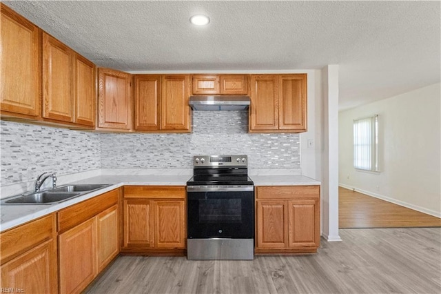 kitchen featuring stainless steel electric stove, sink, tasteful backsplash, and light wood-type flooring