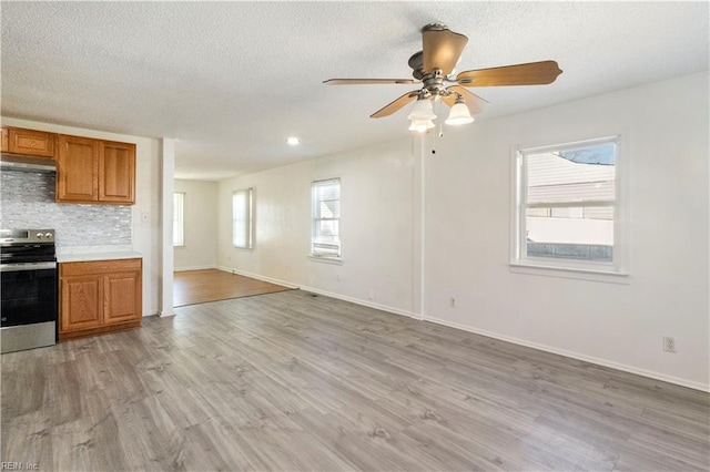 kitchen featuring light hardwood / wood-style flooring, plenty of natural light, electric stove, and decorative backsplash