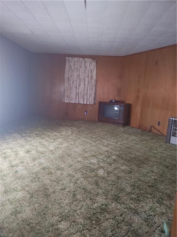 carpeted empty room featuring wooden walls