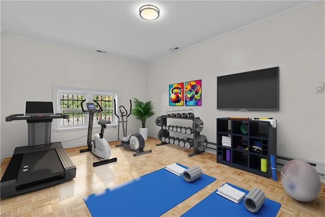 exercise area with ornamental molding and parquet floors