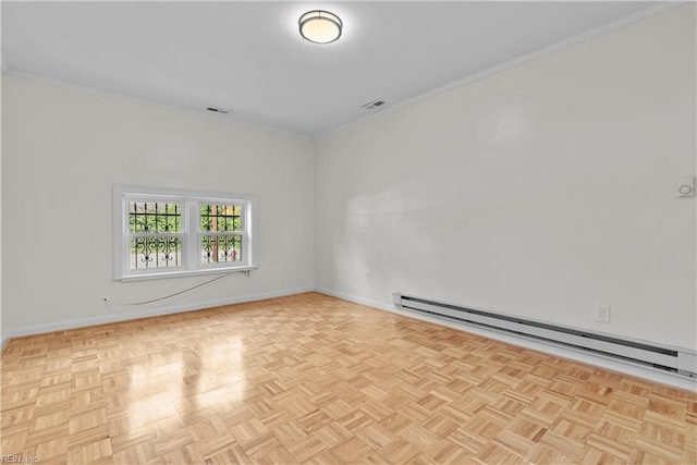 spare room with a baseboard radiator, ornamental molding, and light parquet floors