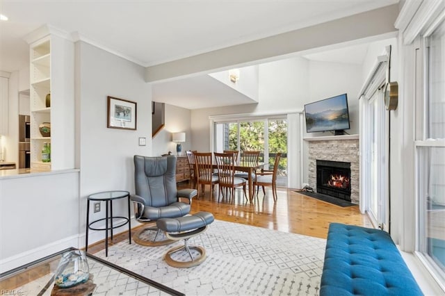 living room featuring light wood-type flooring and a fireplace