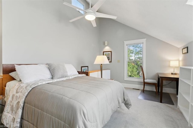 bedroom featuring ceiling fan, lofted ceiling, and carpet floors