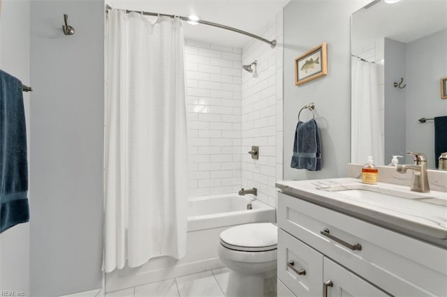 full bathroom featuring toilet, shower / bathtub combination with curtain, tile patterned floors, and vanity