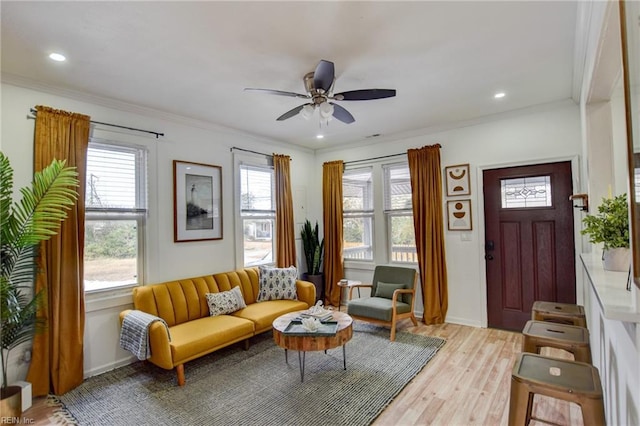 living room featuring ceiling fan, light wood-type flooring, and ornamental molding