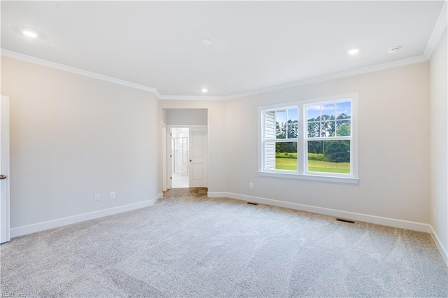 spare room with light colored carpet and crown molding