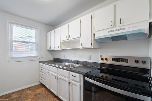 kitchen with sink, white cabinetry, and stainless steel electric stove