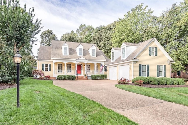 cape cod home with a garage, a porch, and a front lawn