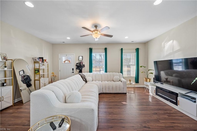 living room with ceiling fan and dark hardwood / wood-style floors