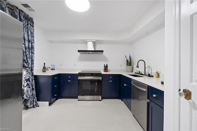 kitchen with sink, range with electric cooktop, blue cabinets, wall chimney exhaust hood, and stainless steel dishwasher