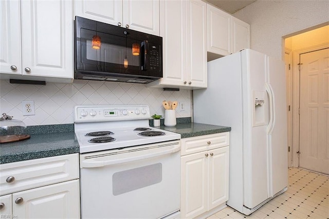 kitchen featuring white appliances, white cabinetry, and backsplash