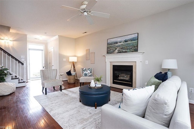 living room featuring ceiling fan and dark hardwood / wood-style flooring