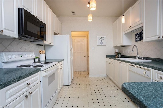 kitchen featuring sink, decorative light fixtures, white cabinetry, white appliances, and decorative backsplash