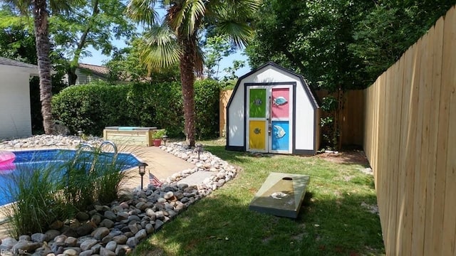 exterior space with a storage shed