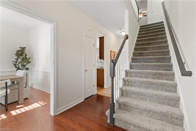 stairs featuring crown molding and hardwood / wood-style floors