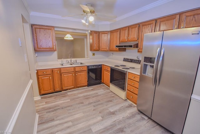 kitchen featuring black dishwasher, white range with electric cooktop, sink, stainless steel fridge, and ceiling fan