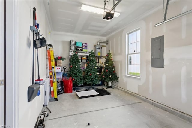 garage featuring electric panel and a garage door opener