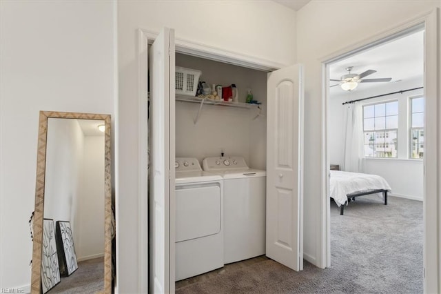 clothes washing area with carpet flooring, washing machine and clothes dryer, and ceiling fan