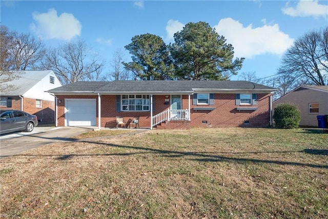 single story home featuring a front yard and a garage