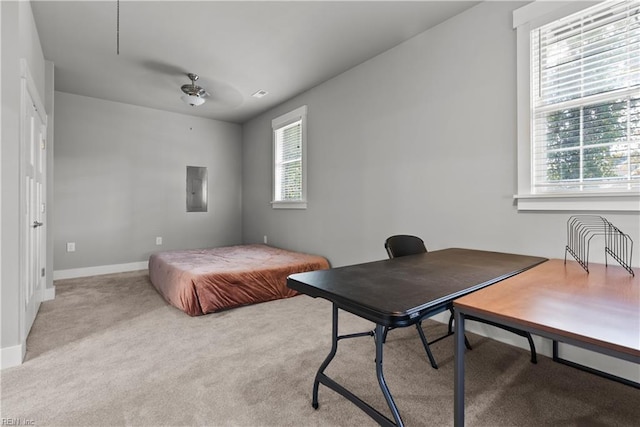 bedroom with electric panel and light carpet