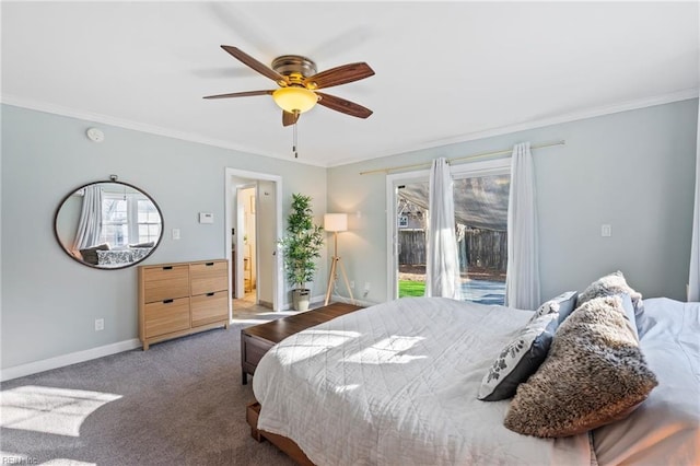 carpeted bedroom with ceiling fan, ornamental molding, and access to exterior