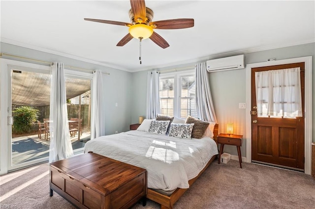 bedroom with a wall mounted AC, light carpet, multiple windows, ceiling fan, and access to exterior