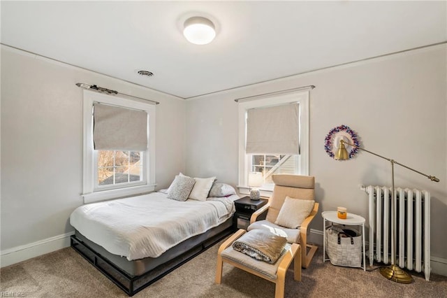 carpeted bedroom with radiator heating unit and multiple windows