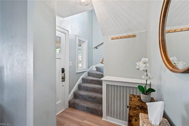 stairway featuring hardwood / wood-style floors