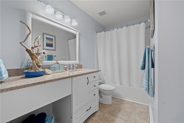 full bathroom with toilet, tile patterned floors, shower / bath combination with curtain, and vanity