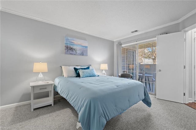 carpeted bedroom featuring ornamental molding and access to exterior