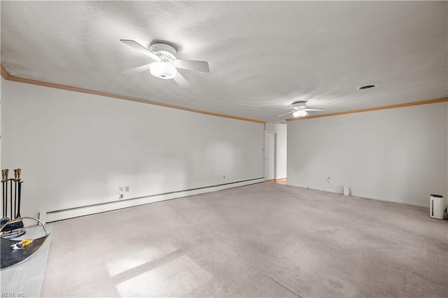 empty room with light carpet, baseboard heating, crown molding, and ceiling fan