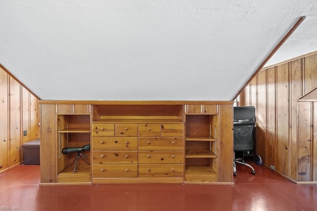 interior space featuring built in shelves and wood walls