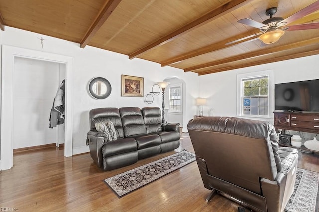 living room featuring ceiling fan, wood ceiling, dark hardwood / wood-style flooring, and beamed ceiling