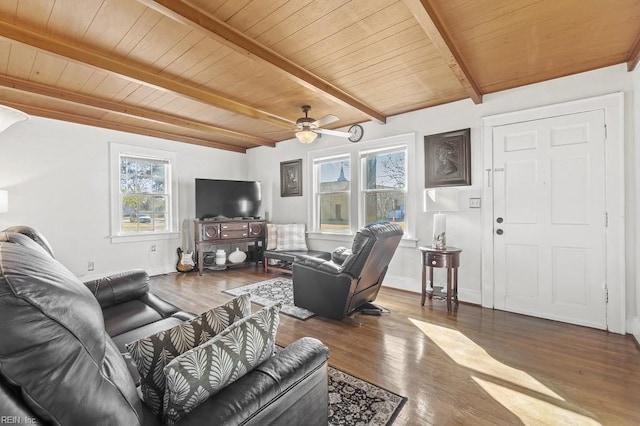 living room featuring wooden ceiling, dark wood-type flooring, ceiling fan, and beam ceiling