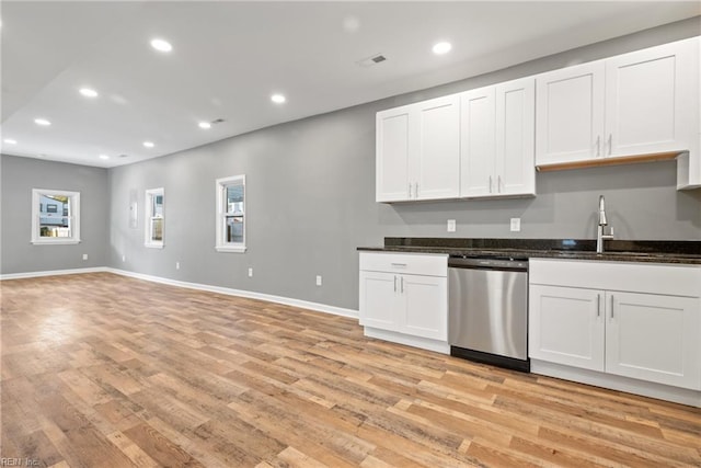 kitchen featuring white cabinets, light hardwood / wood-style flooring, stainless steel dishwasher, and sink