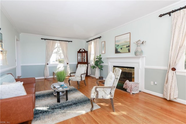 living room featuring ornamental molding and hardwood / wood-style floors