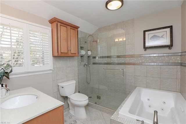 full bathroom featuring toilet, tile walls, lofted ceiling, tile patterned floors, and independent shower and bath