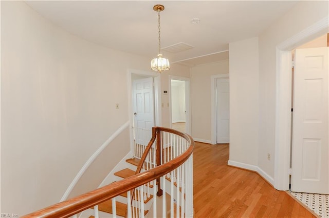 hall with an inviting chandelier and light hardwood / wood-style floors