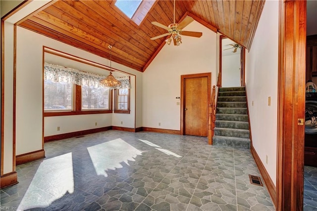 unfurnished living room featuring wood ceiling, a skylight, high vaulted ceiling, and ceiling fan with notable chandelier