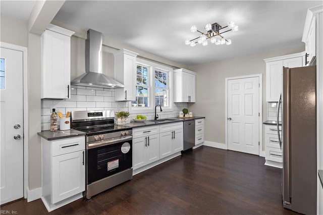 kitchen with stainless steel appliances, sink, white cabinetry, backsplash, and wall chimney range hood